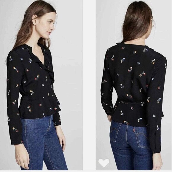 Rails Simone Blouse Wrap Top Long Sleeve Shirt Floral Rayon Black Size Small - Picture 1 of 10